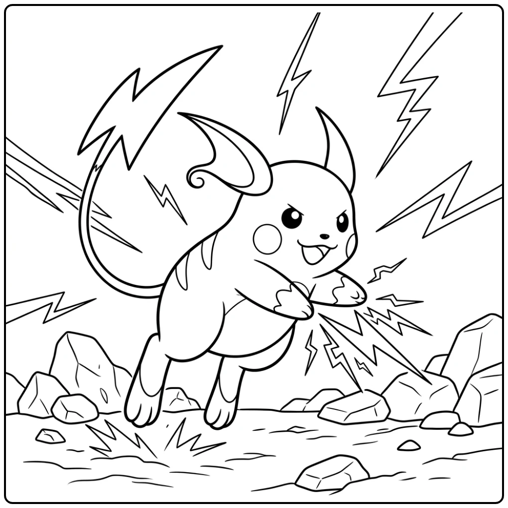 Dynamische raichu kleurplaat: Raichu springt met donderbliksem aanval.