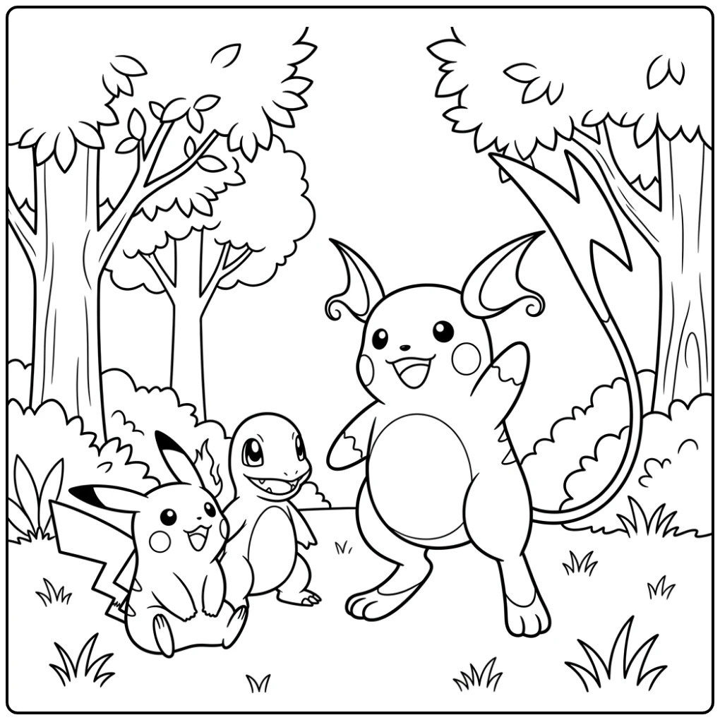 Vrolijke raichu kleurplaat met Raichu, Satoshi, Pikachu en Charmander.
