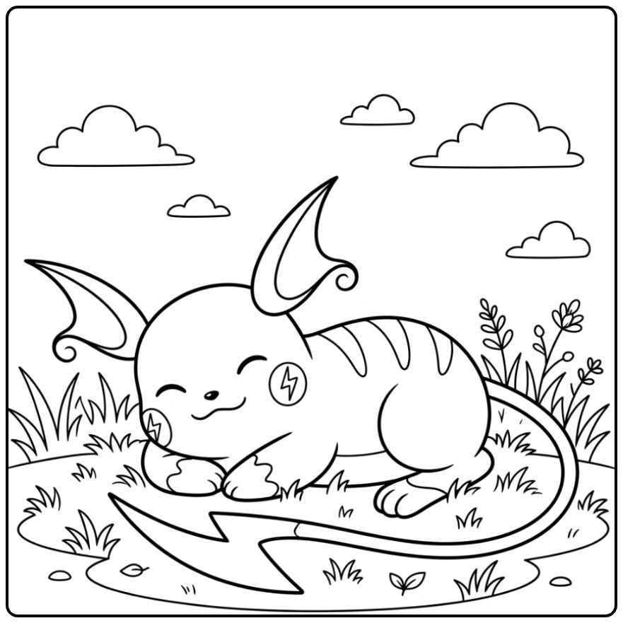 Ontspannen raichu kleurplaat, met Raichu comfortabel liggend.