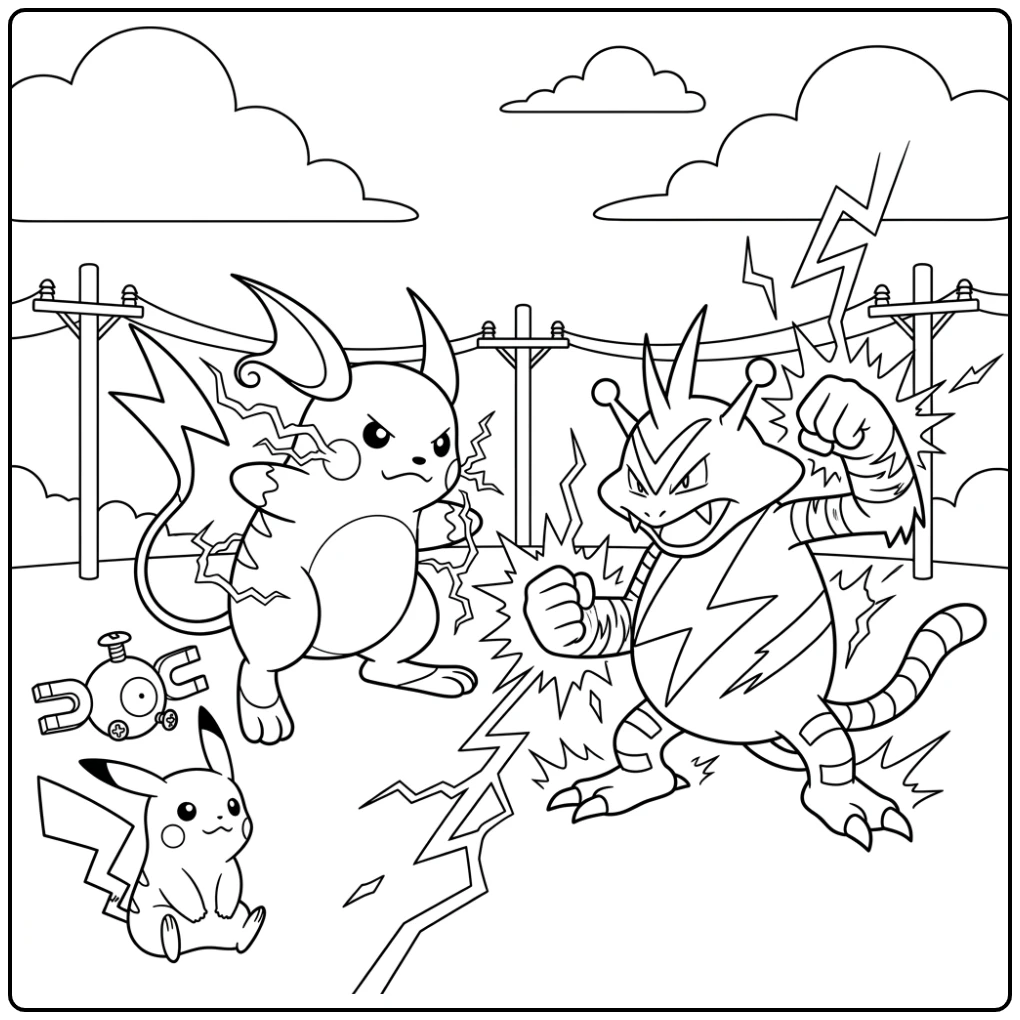 Intense raichu kleurplaat: Raichu vs. Electabuzz gevecht.