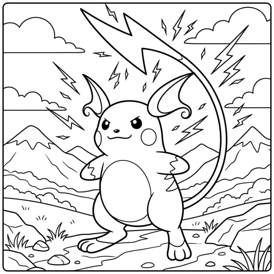 Heroïsche raichu kleurplaat met bliksemschichten en bergen.