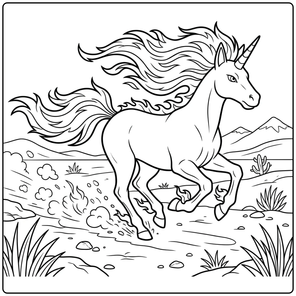 Dynamische Rapidash pokemon kleurplaat in volle galop, vlammen wapperend.