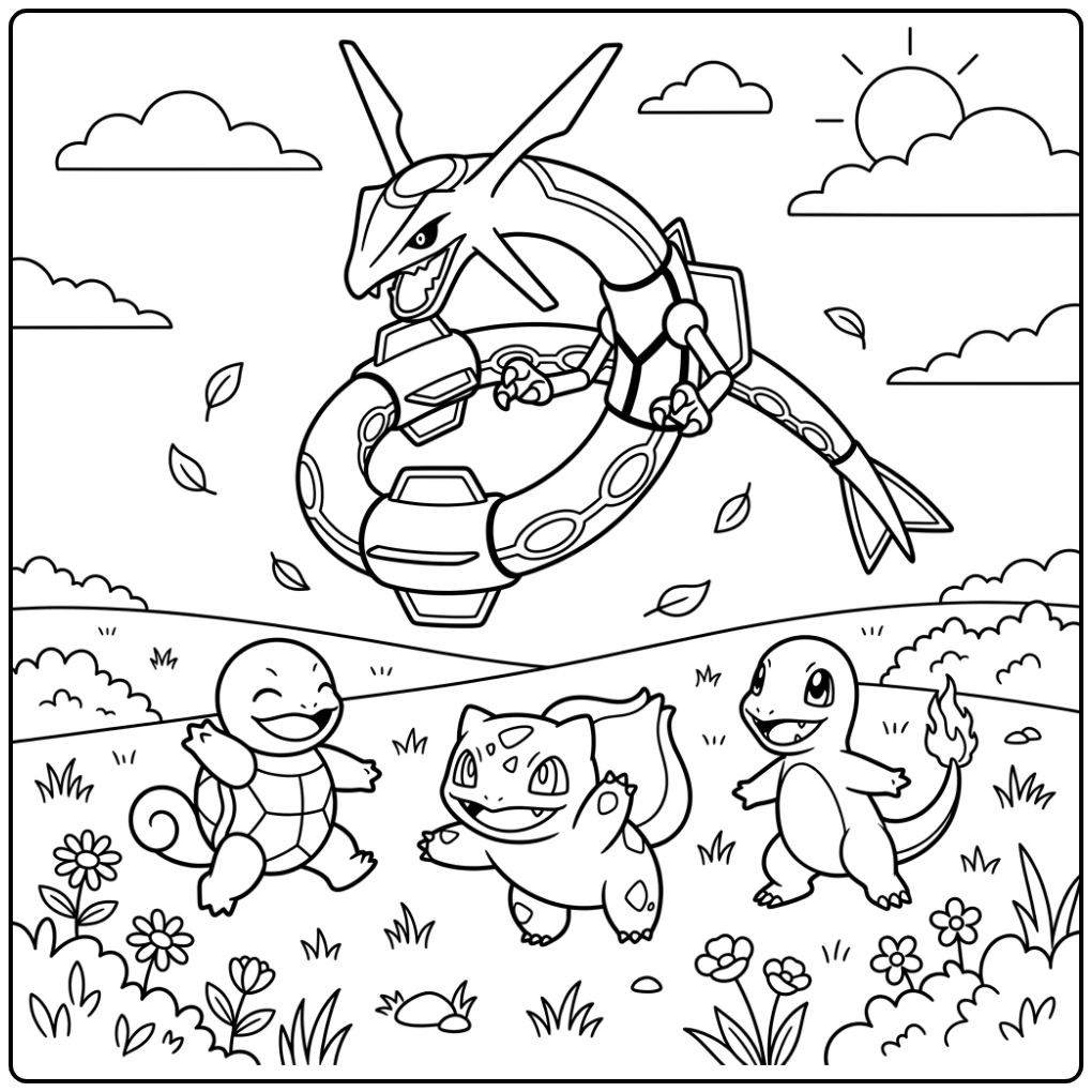 Speelse Rayquaza kleurplaat met vrienden die omhoog kijken.