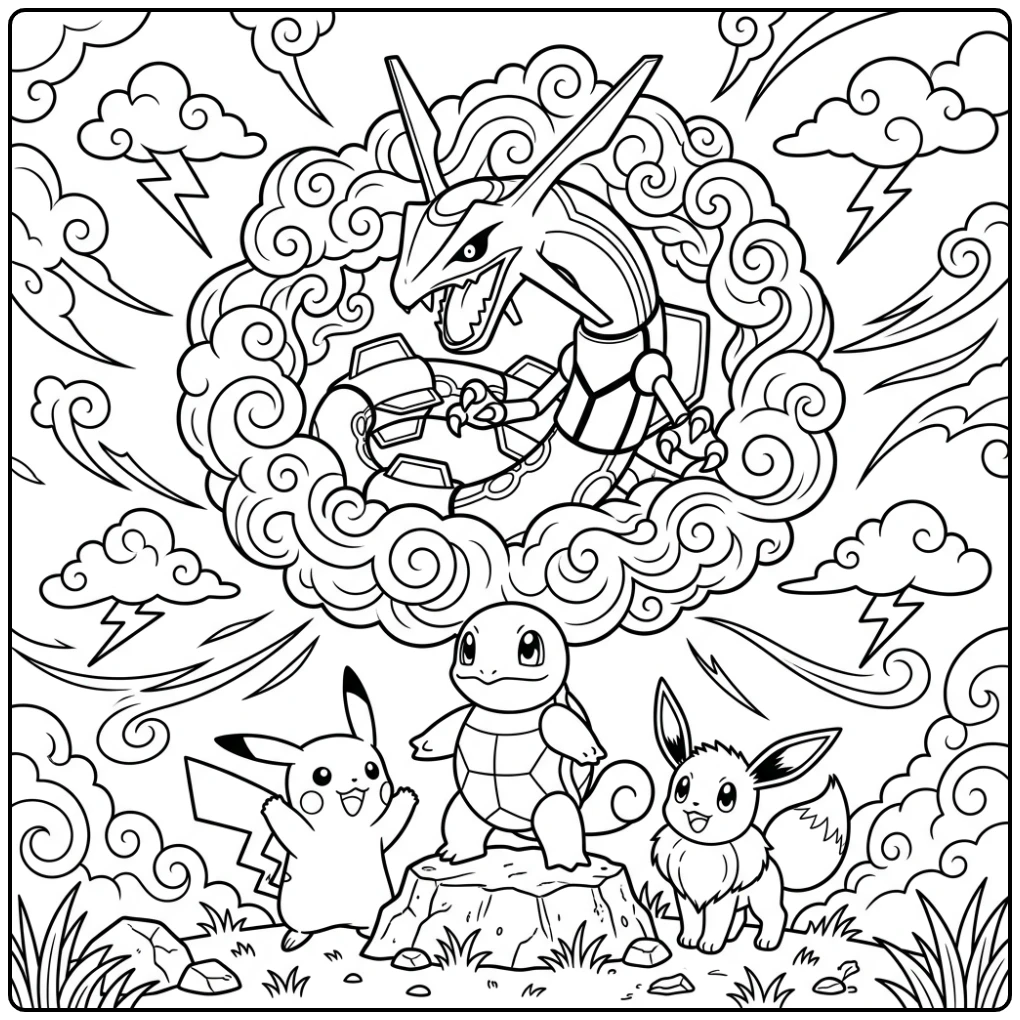 Dynamische rayquaza kleurplaat: draak boven Pikachu, Eevee.