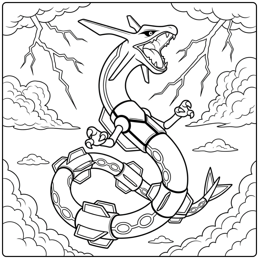 Epische rayquaza kleurplaat van Rayquaza die brullend opstijgt
