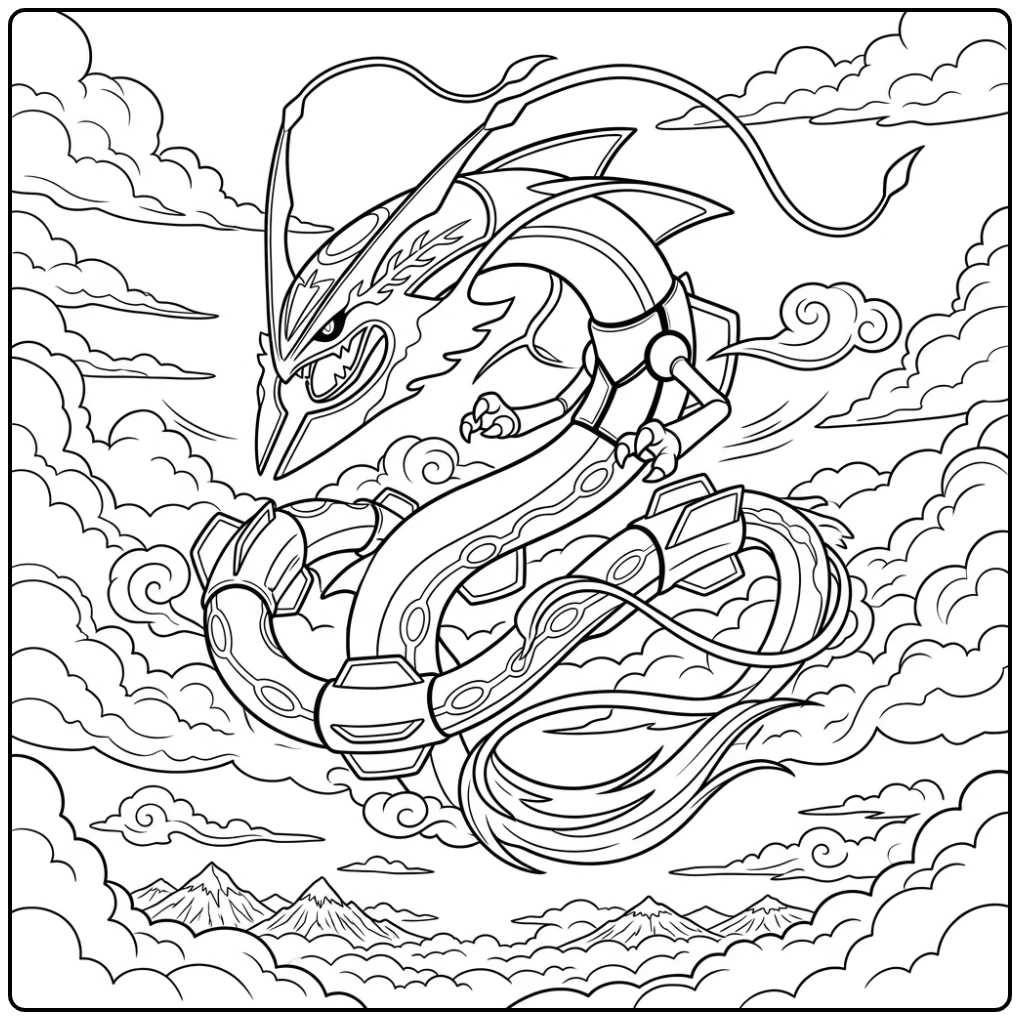 Dynamische rayquaza kleurplaat van legendarische luchtserpent.