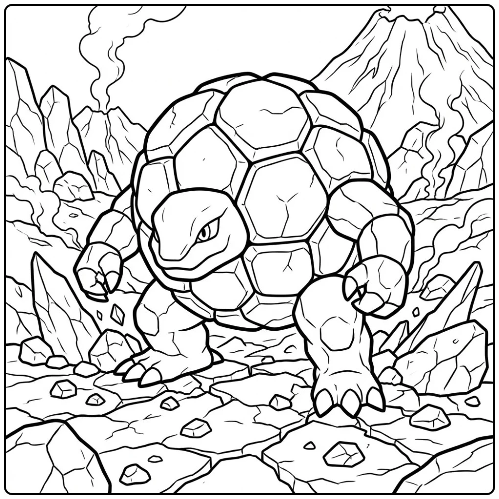 Gedetailleerde Pokemon Golem kleurplaat in een vulkaanveld.