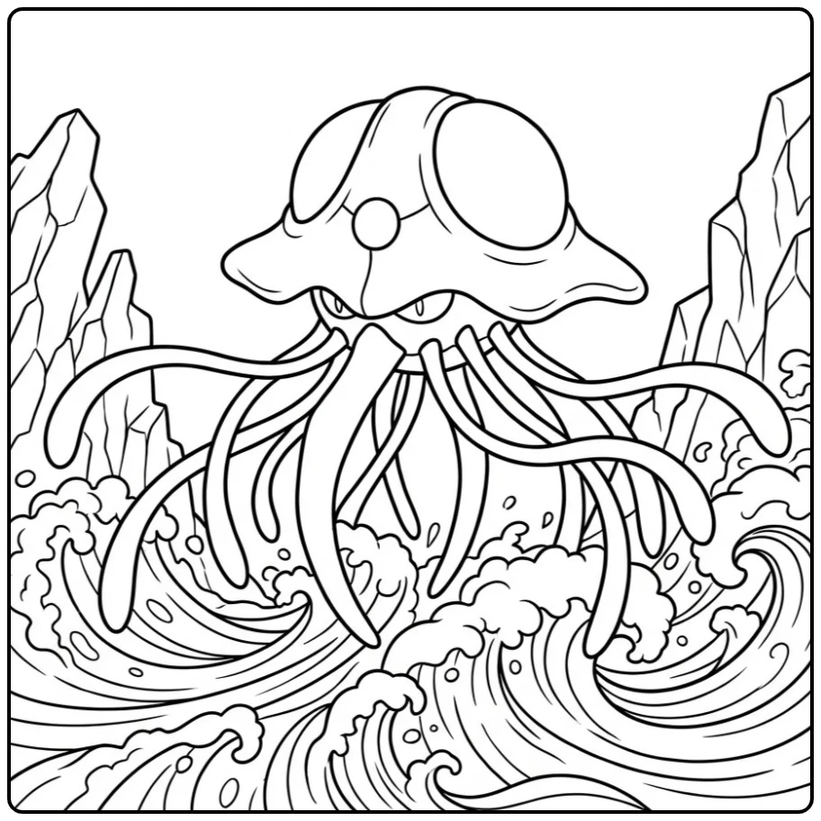 Gedetailleerde Pokemon Tentacruel kleurplaat bij de rotsen.
