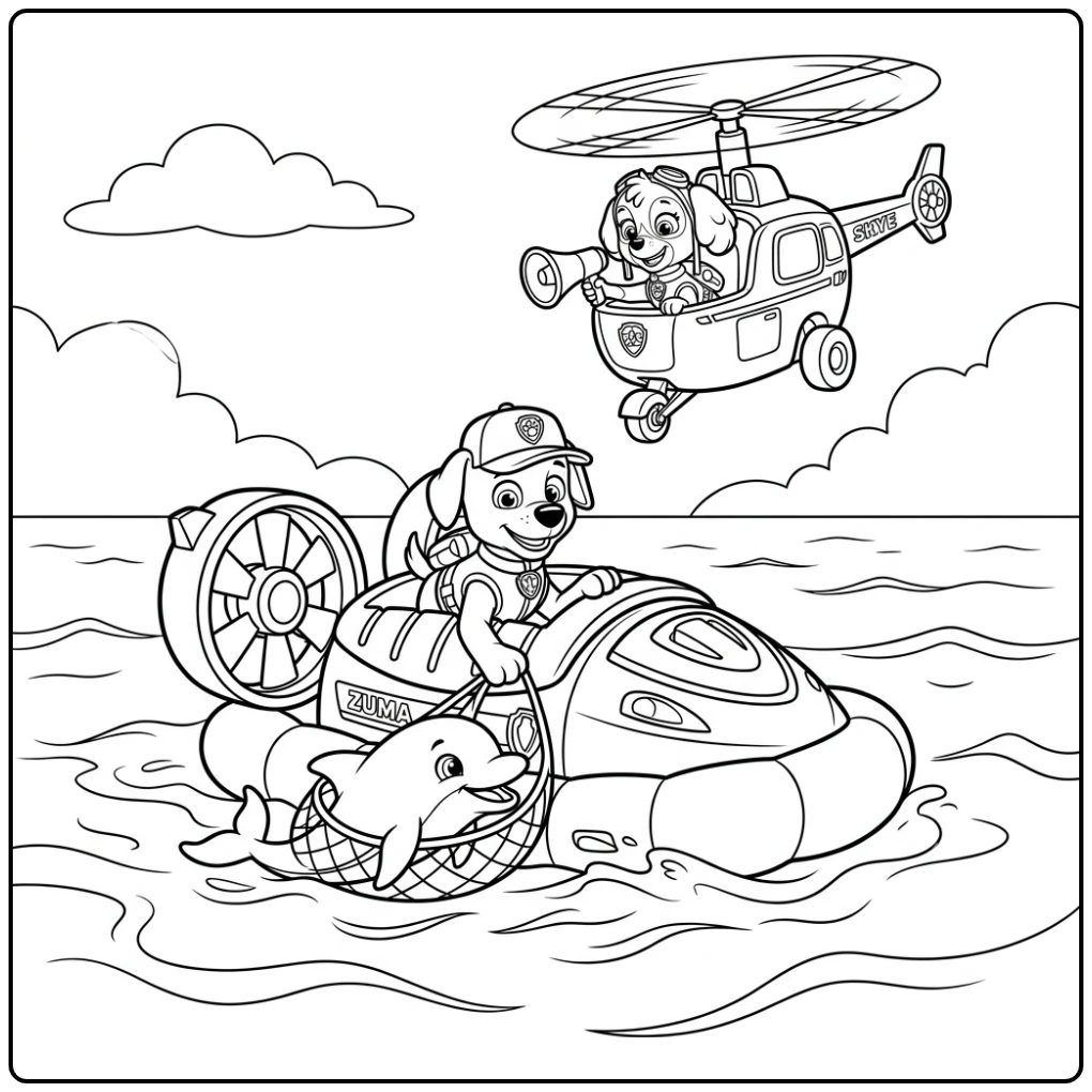 Zuma redt dolfijn met Skye; geweldige zuma paw patrol kleurplaat.