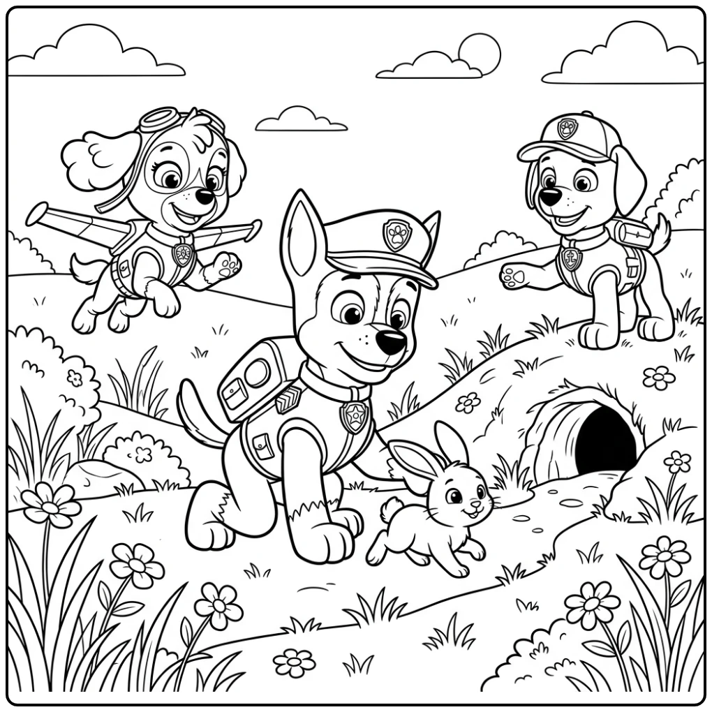 kleurplaat paw patrol chase: Chase helpt konijntje met Skye en Zuma