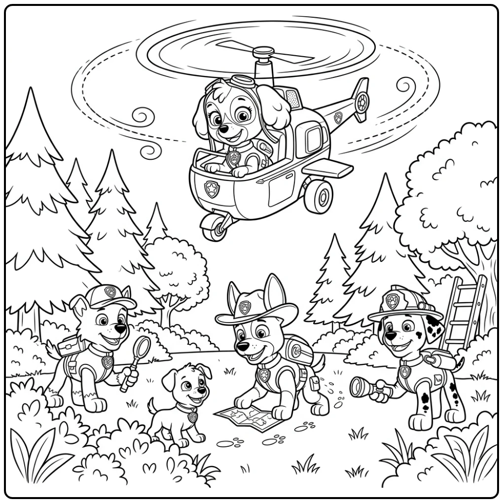 Skye Paw Patrol kleurplaat: Skye speurt naar puppy vanuit de lucht