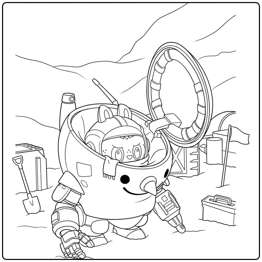 Schattige astronaut in een robot Sneeuwpop kleurplaat.