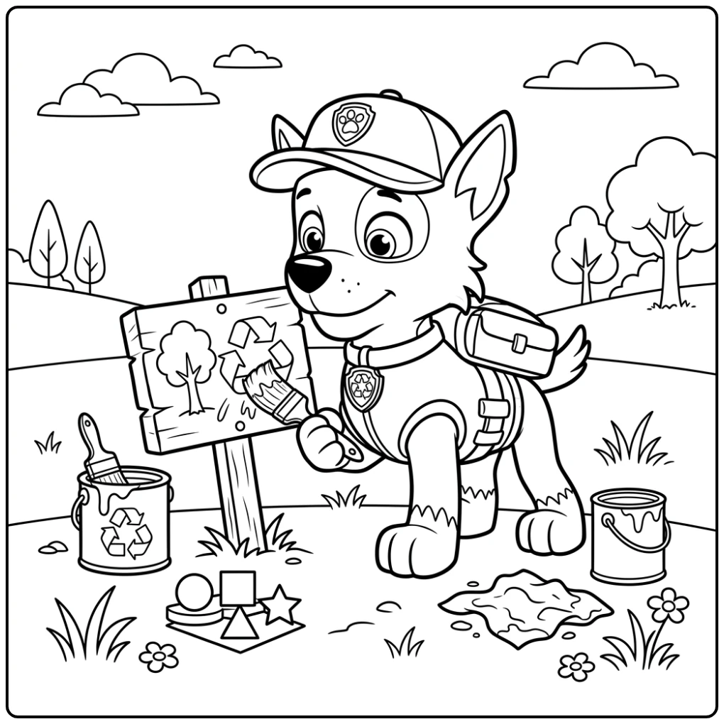 Rocky schildert een bord, een leuke rocky paw patrol kleurplaat.