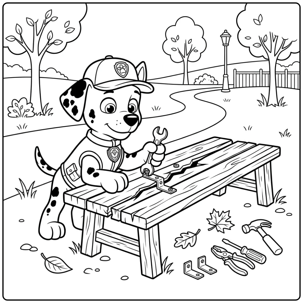 Rocky Paw Patrol kleurplaat: Rocky repareert bankje met moersleutel.