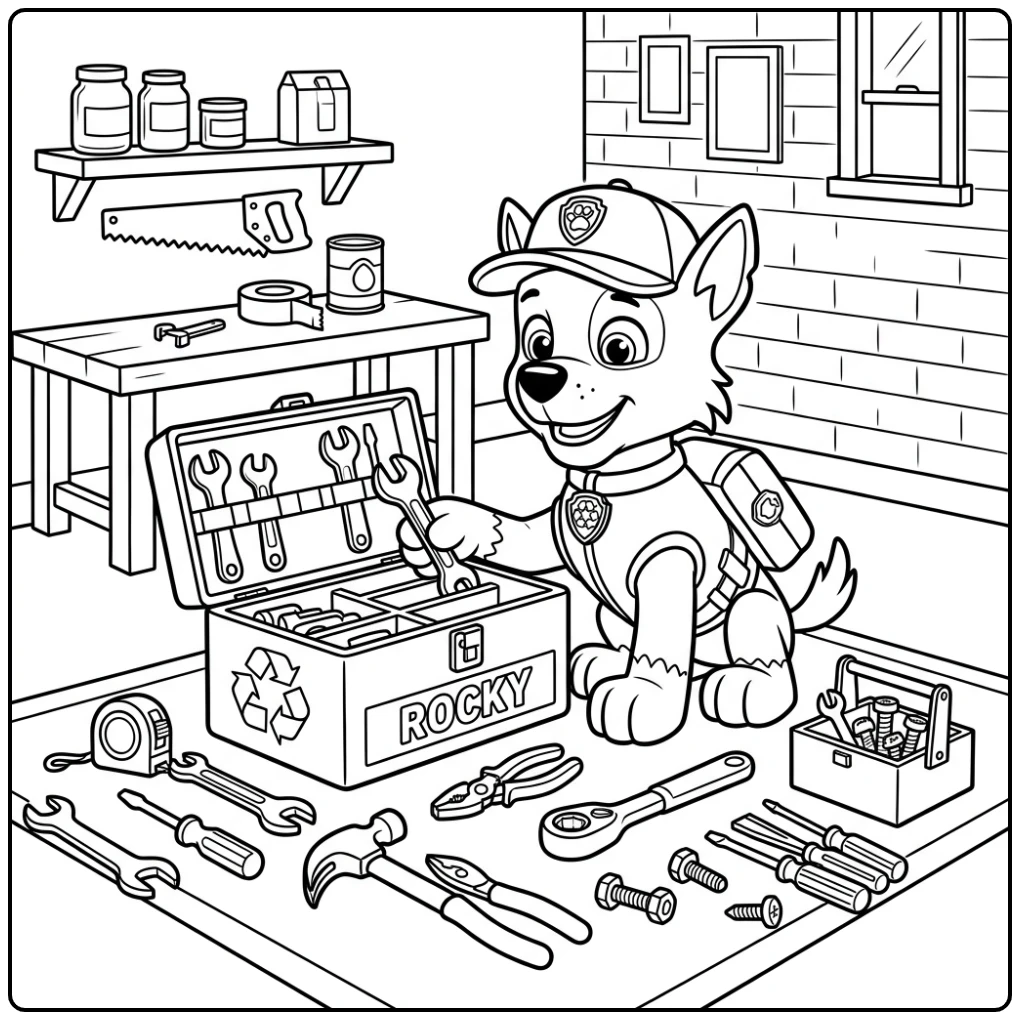 Rocky Paw Patrol kleurplaat: Rocky ordent zijn gereedschap netjes.
