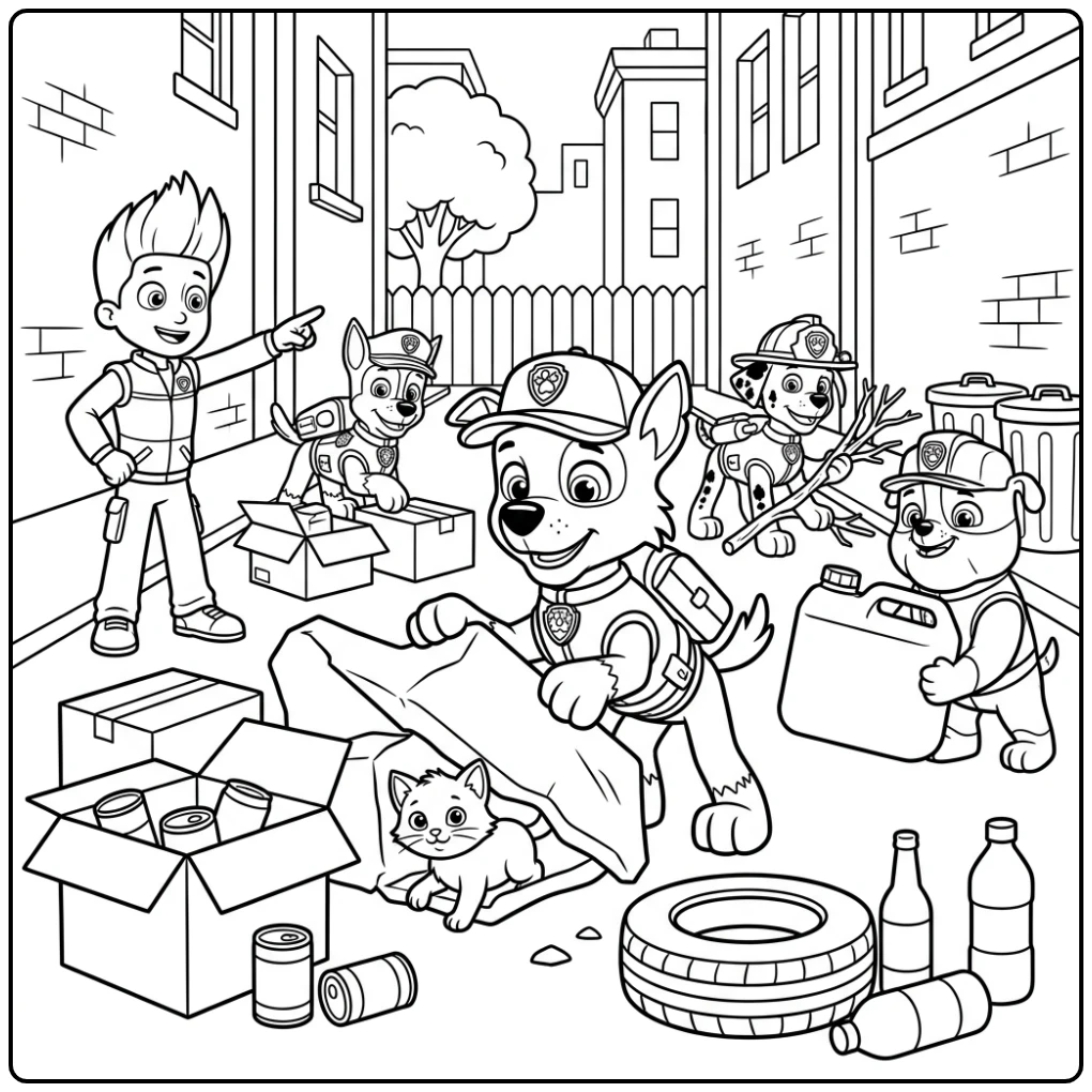 Rocky Paw Patrol kleurplaat: heldhaftige redding van een kitten