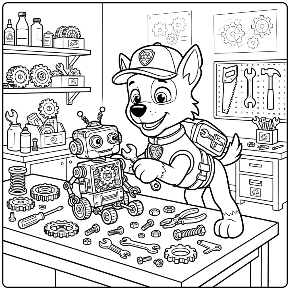 Rocky Paw Patrol kleurplaat: Bouwt en repareert robots van gerecycled materiaal.