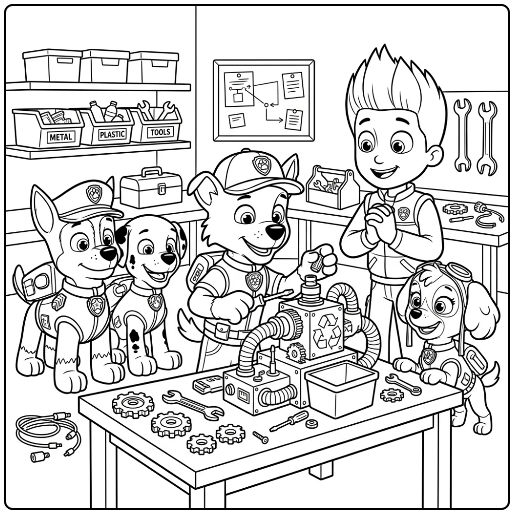 Rocky met nieuwe recycling gadget - rocky paw patrol kleurplaat.