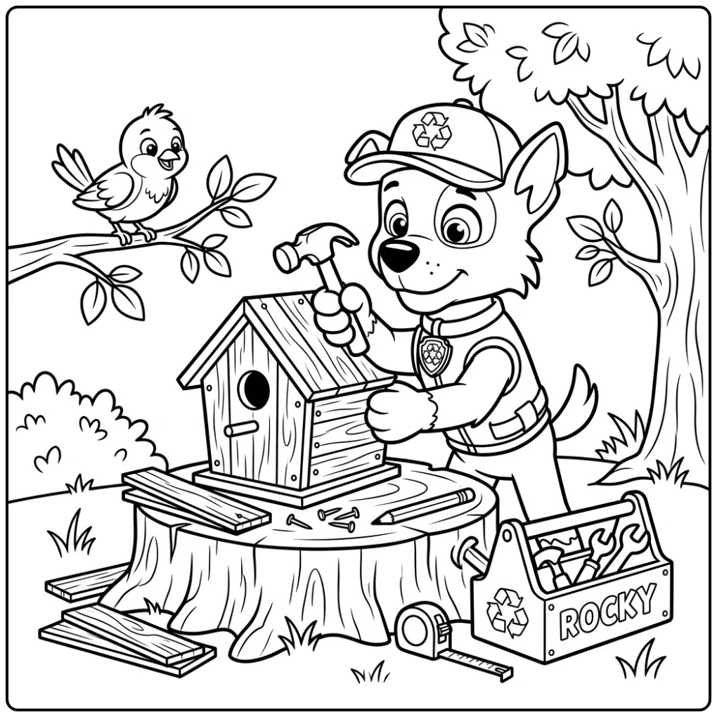 Rocky de recyclingshond bouwt een vogelhuisje - rocky paw patrol kleurplaat
