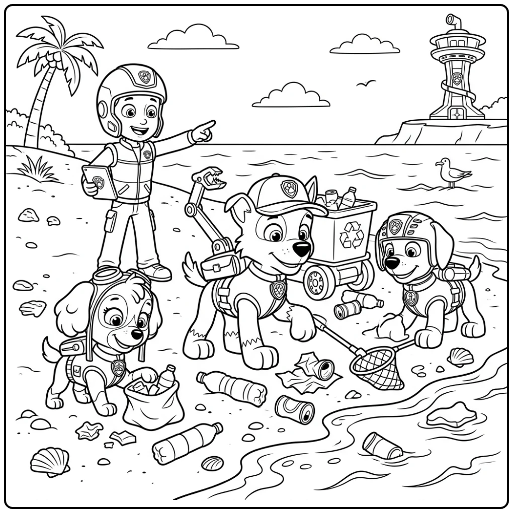 Rocky Paw Patrol kleurplaat: helden ruimen strand op met recyclebaar afval.