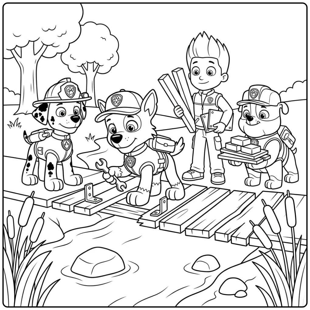 rocky paw patrol kleurplaat: Rocky leidt recycling brugreparatie.