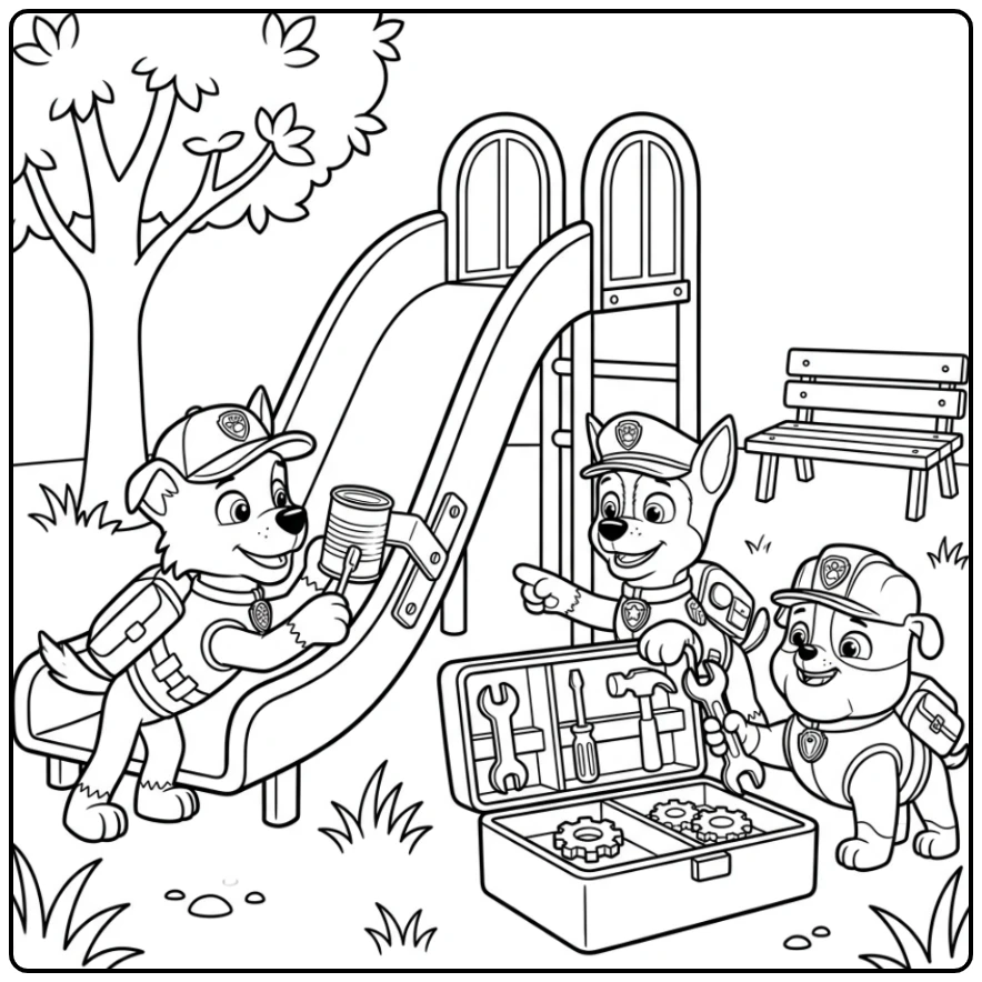 Rocky Paw Patrol kleurplaat: Rocky repareert glijbaan met Chase & Rubble.
