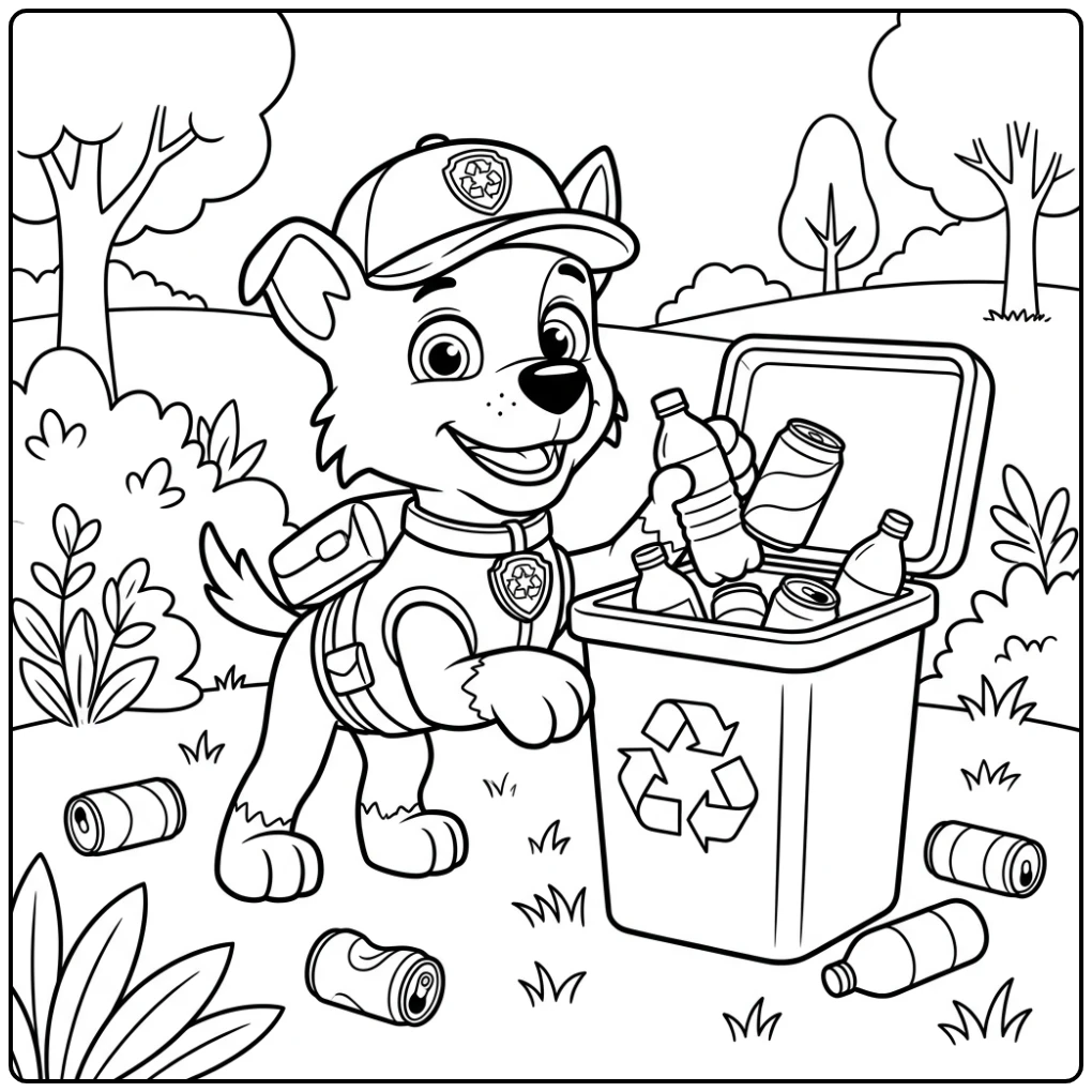Rocky Paw Patrol kleurplaat: held Rocky recycleert flessen en blikjes.