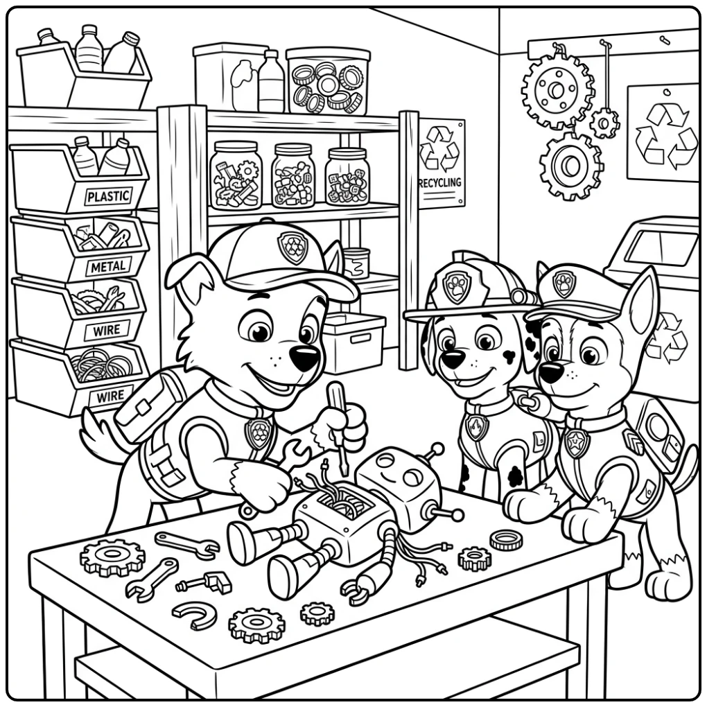Rocky herstelt een robot speelgoed met zijn gereedschap; een rocky paw patrol kleurplaat.