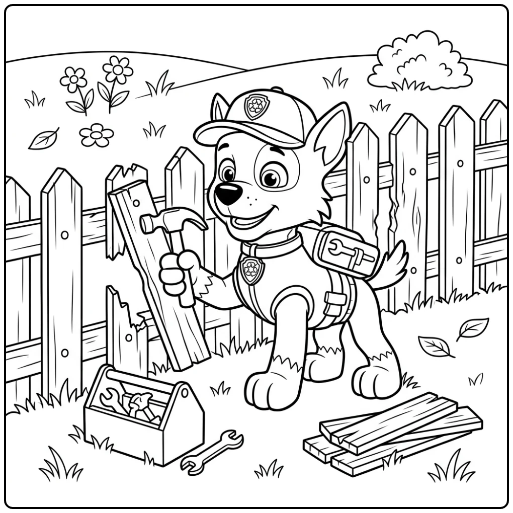 Rocky de klusjesman: een leuke rocky paw patrol kleurplaat voor kinderen.