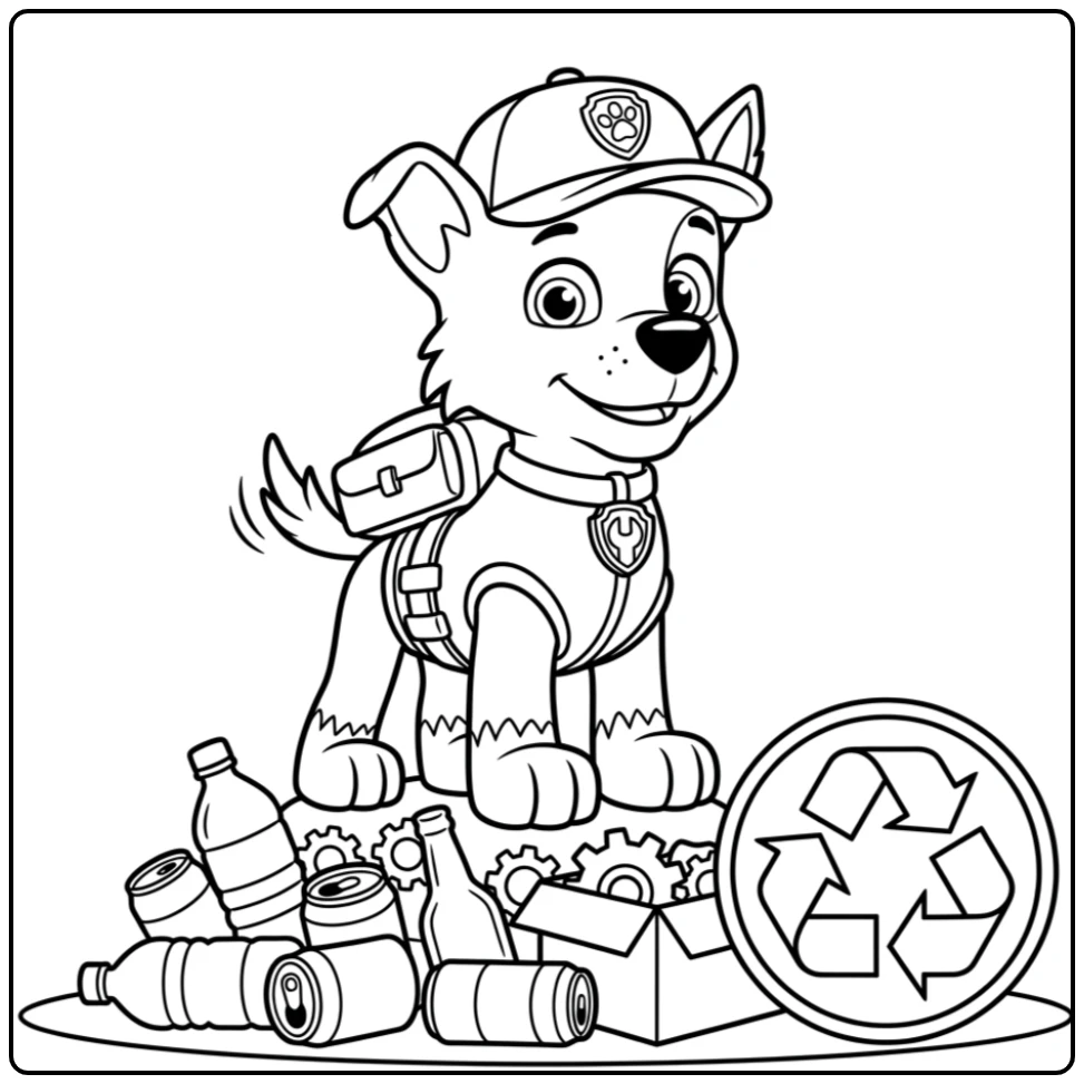 Rocky, paw patrol kleurplaat makkelijk, staat bij gerecyclede items en symbool.