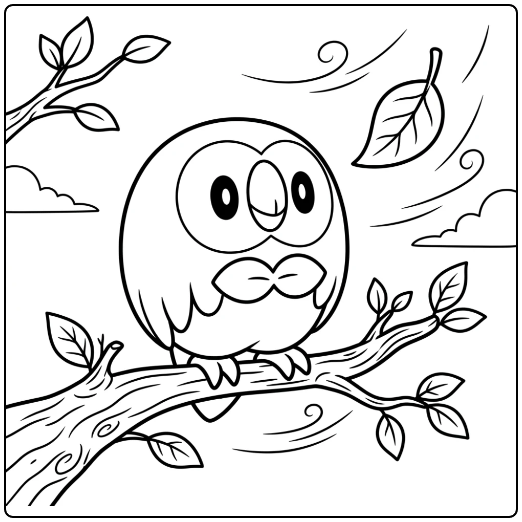 Schattige pokemon kleurplaat makkelijk: Rowlet kijkt naar vallend blad.