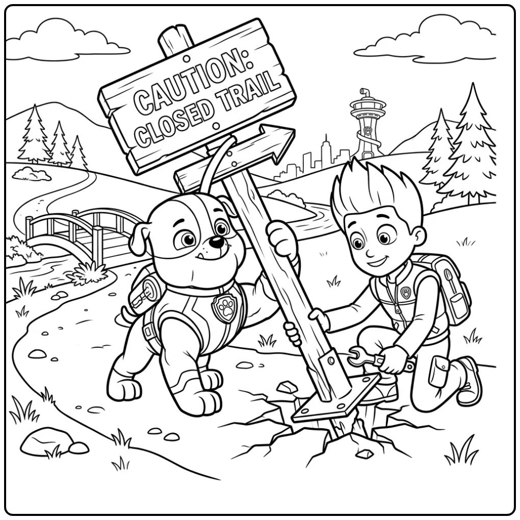 Rubble's kracht: kleurplaat paw patrol mega pups redt het bord.