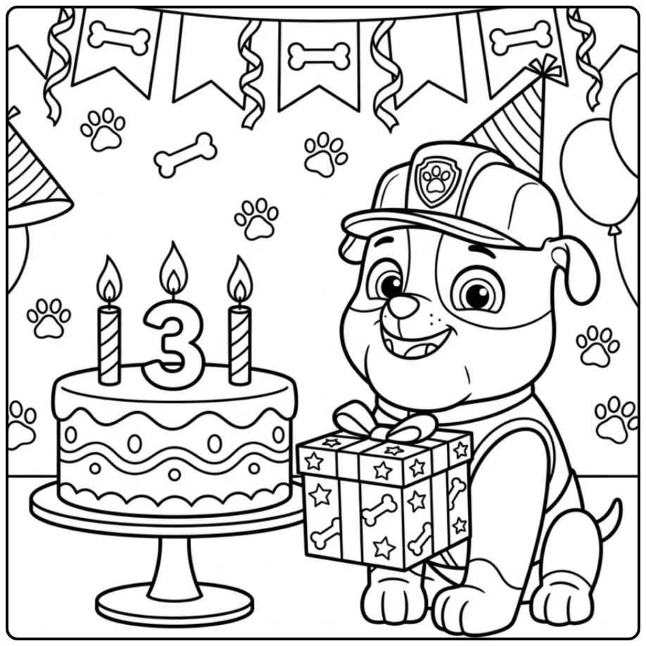 Rubble met cadeau bij taart, kleurplaat paw patrol 3 verjaardag