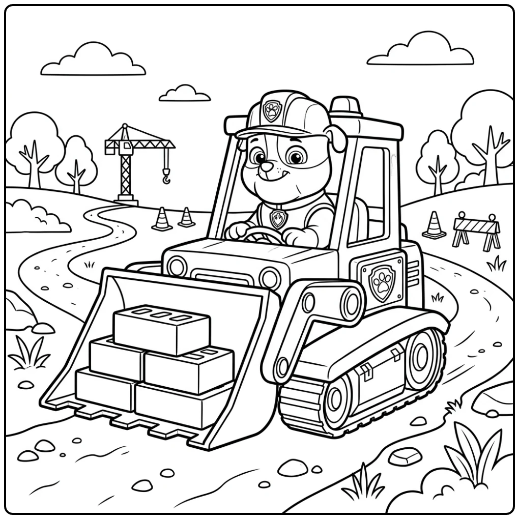 Kleurplaat Paw Patrol Rubble: Rubble rijdt met bulldozer vol stenen.