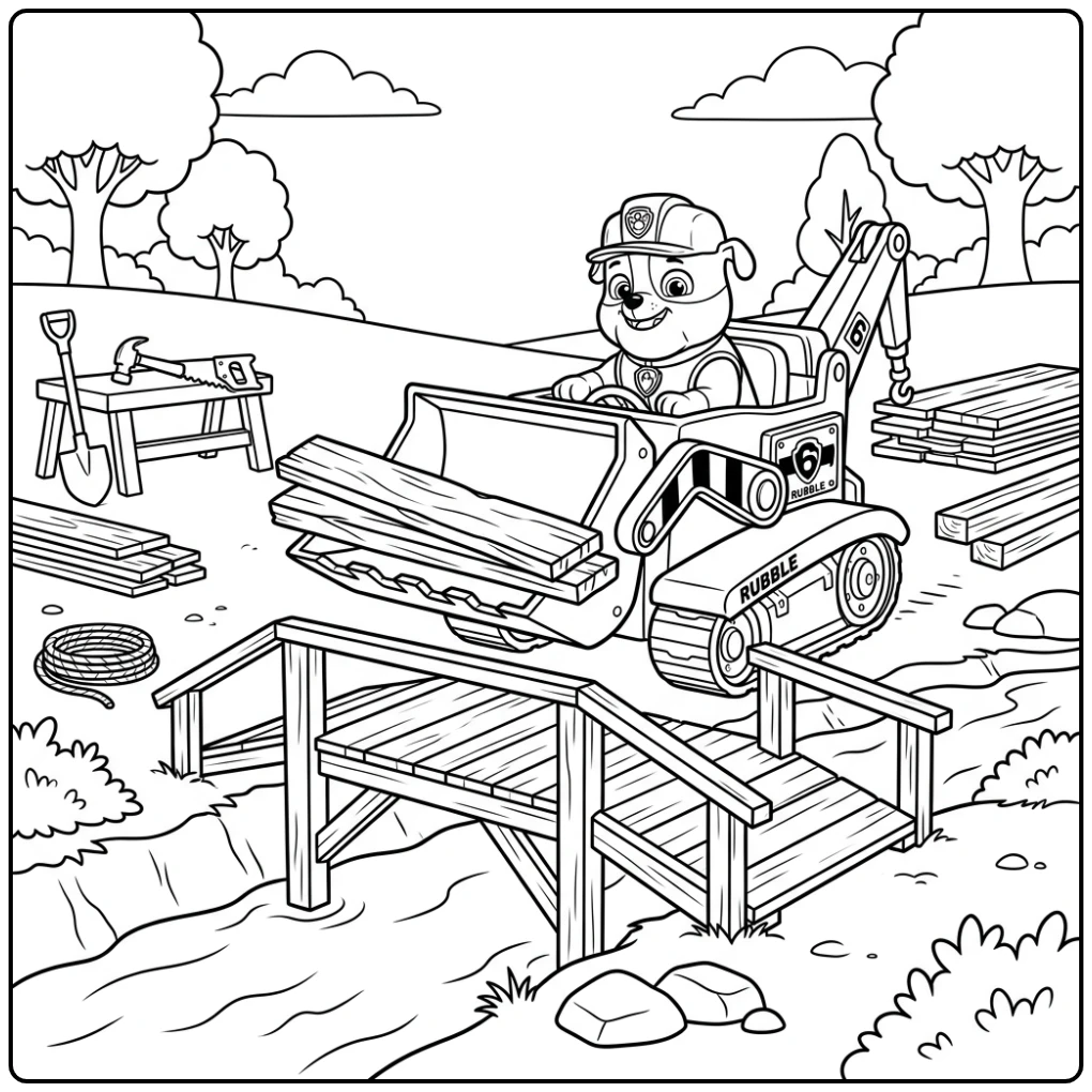 kleurplaat paw patrol rubble: Rubble bouwt brug met zijn bulldozer