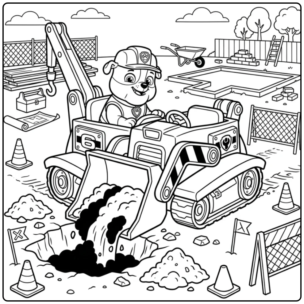 kleurplaat paw patrol rubble: Rubble graaft met bulldozer voor bouw