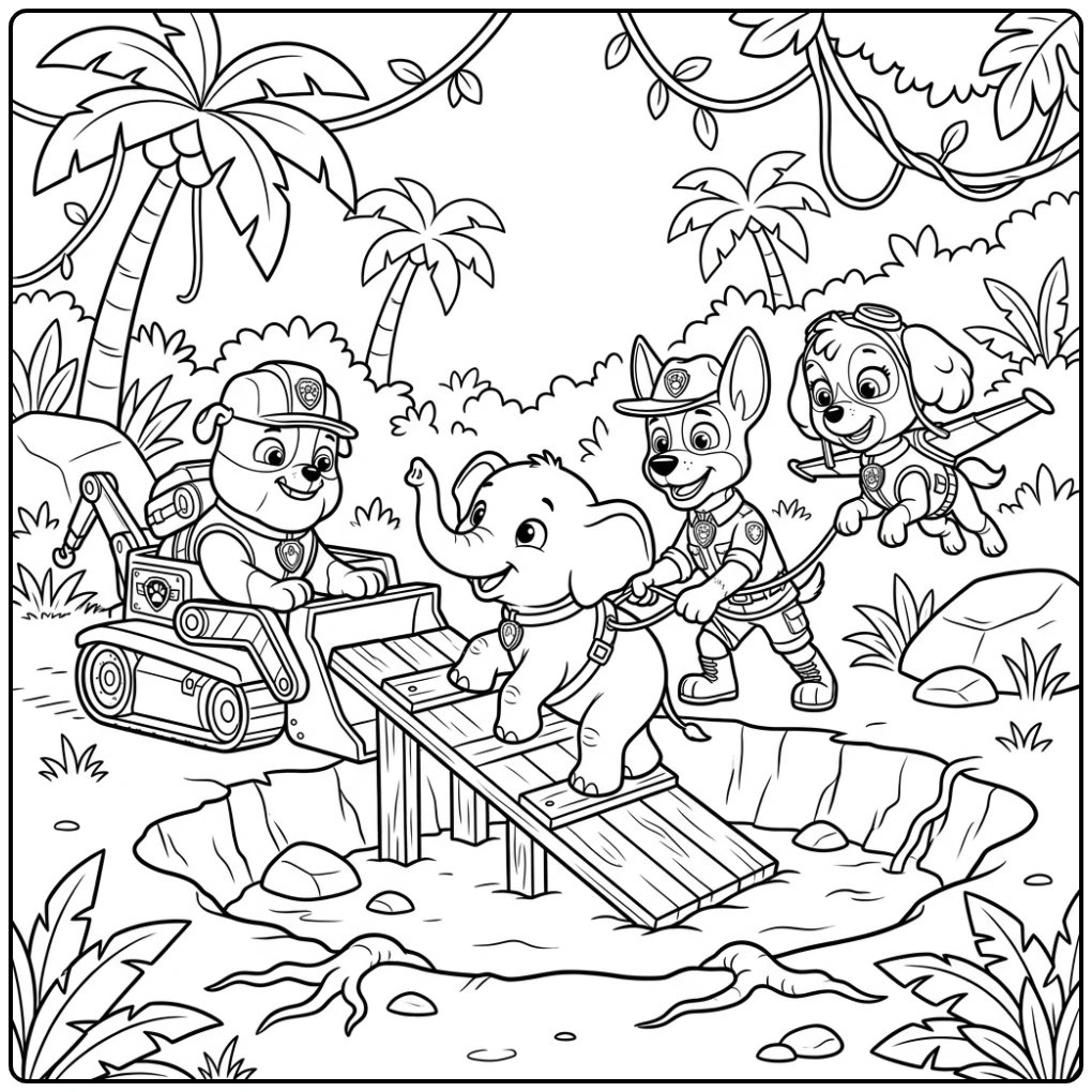 Avontuurlijke kleurplaat paw patrol rubble redt olifantje uit put