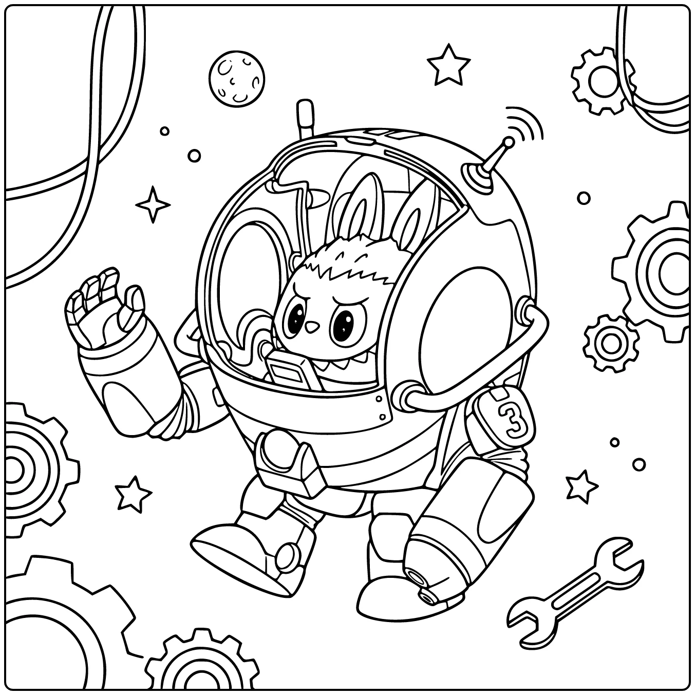 Opkomende zon kleurplaat van een monster in een ruimtepak.