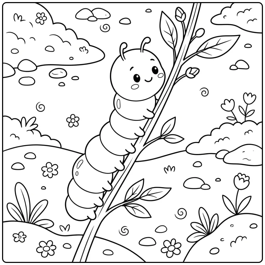 Schattige rups kleurplaat klimmend langs een bloemenstengel.