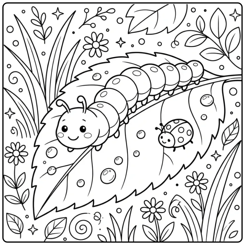 Leuke rups kleurplaat op een blad met een lieveheersbeestje.