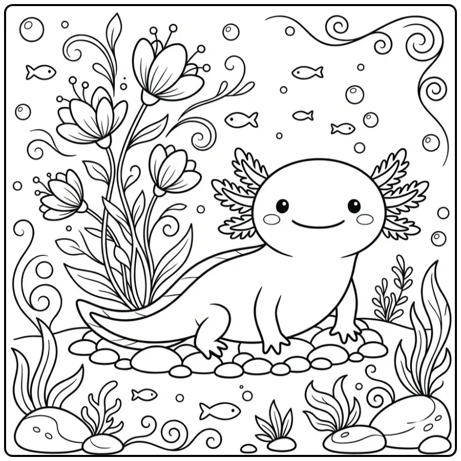 Schattige axolotl kleurplaat tussen mooie onderwater bloemen.