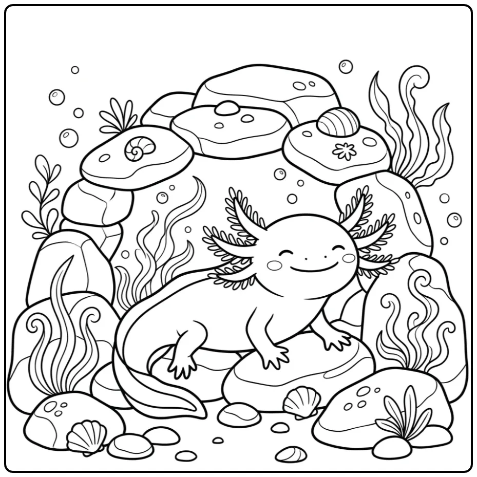 Een schattige axolotl kleurplaat in een onderwatergrot.