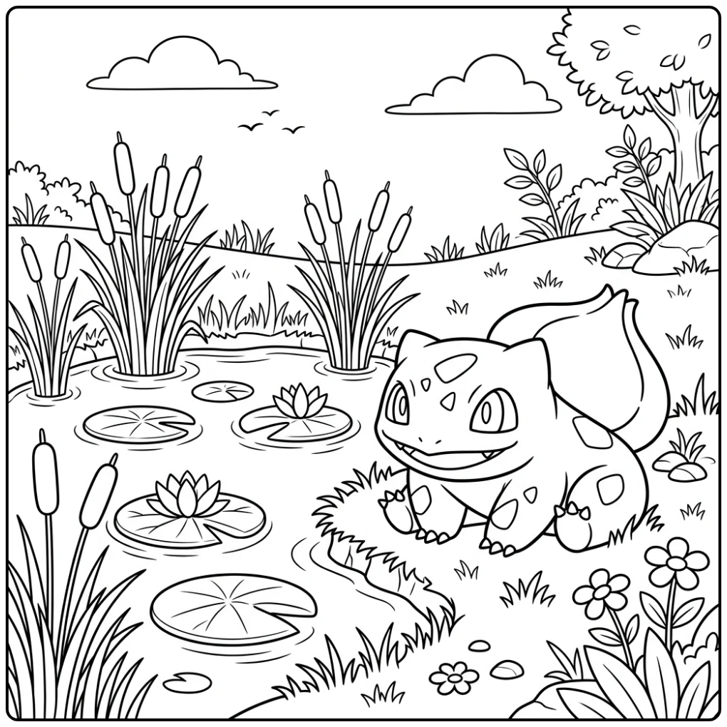 Een schattige bulbasaur kleurplaat bij een rustige vijver.