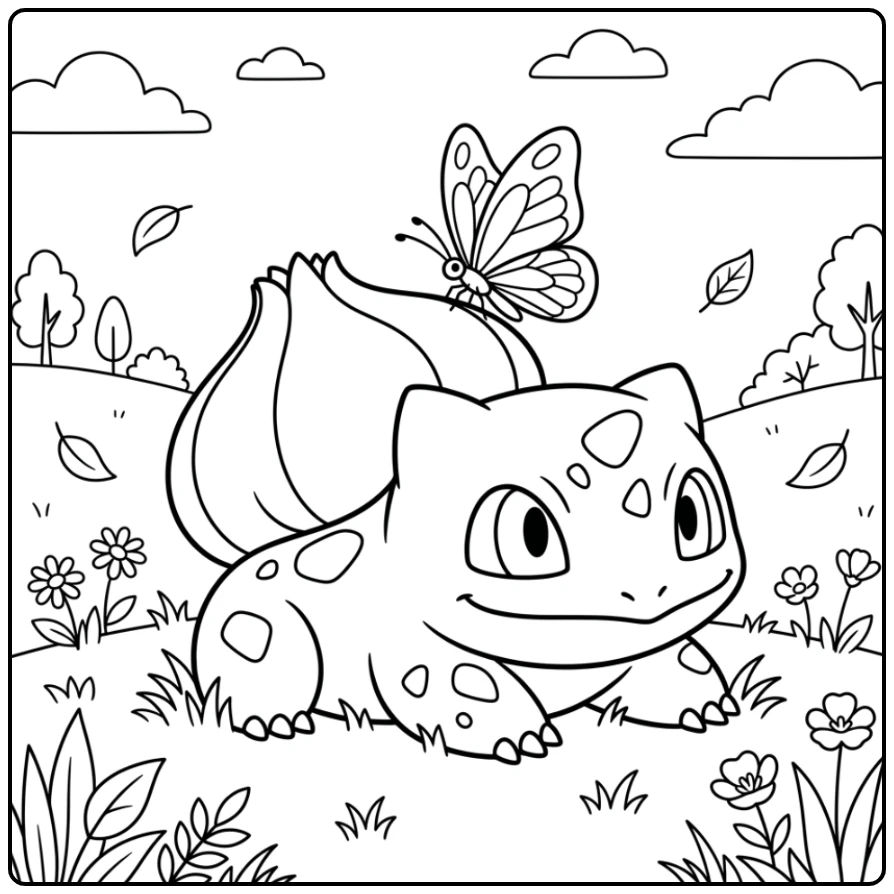 Schattige Bulbasaur met vlinder op zijn rug, pokemon kleurplaat makkelijk.