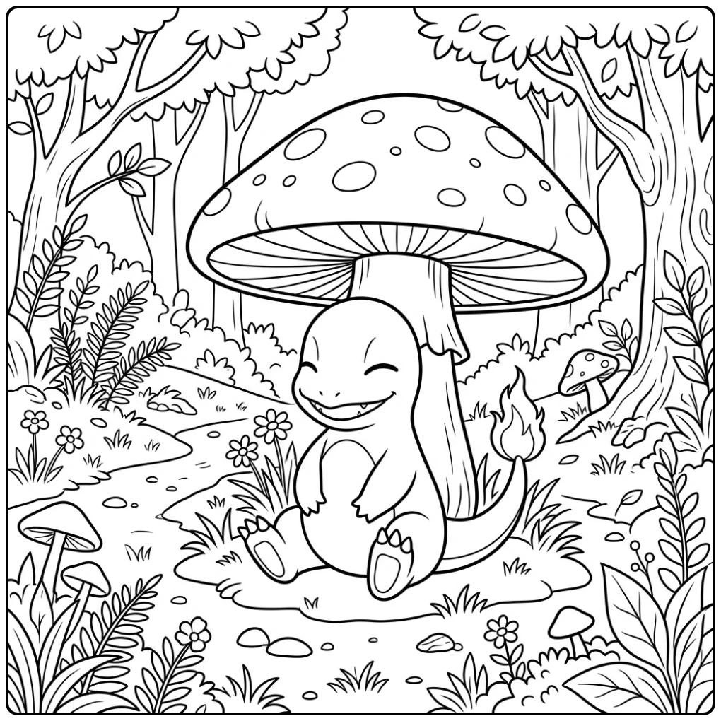 Een schattige charmander kleurplaat zittend onder paddenstoel.
