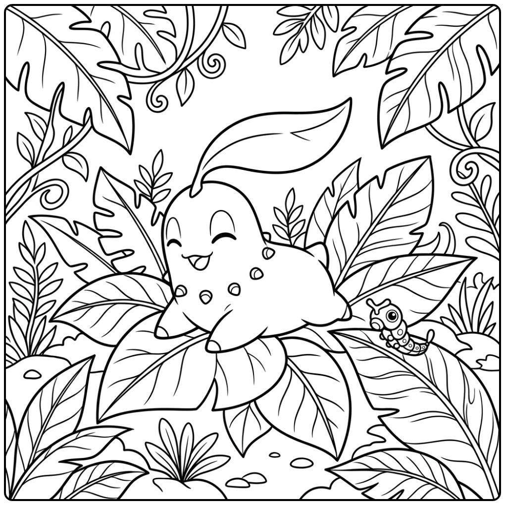 Schattige Chikorita en Caterpie: kleurplaat pokemon schattig in de natuur