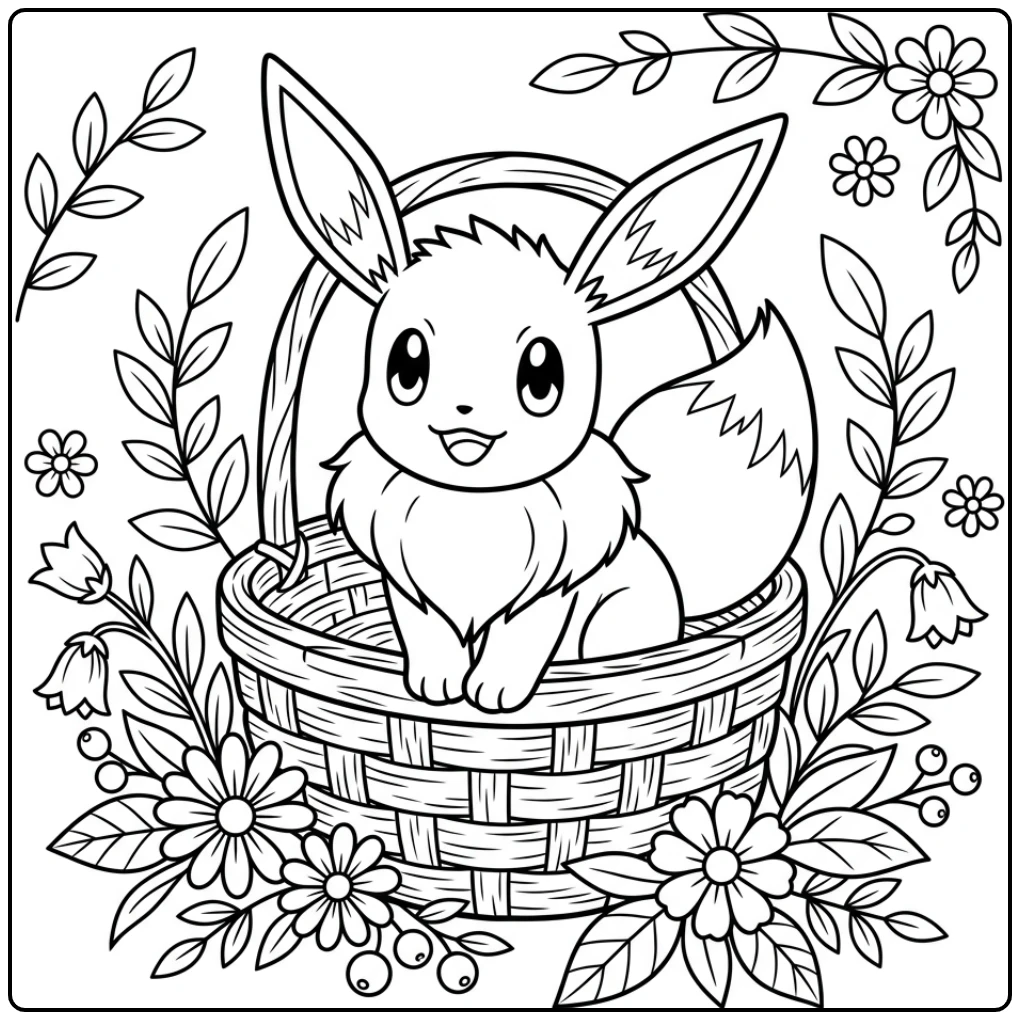 Schattige eevee kleurplaat: Eevee in mandje met bloemen.