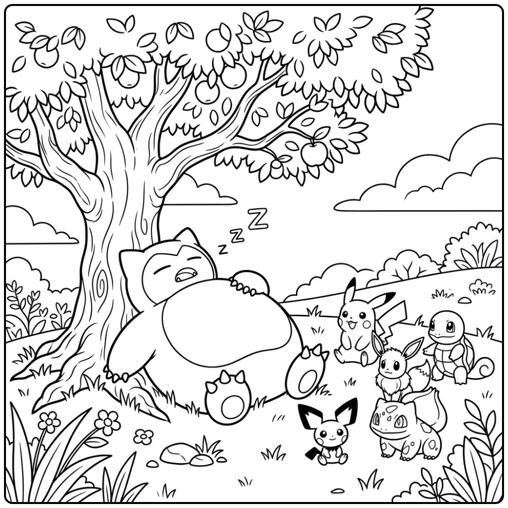 Schattige kleurplaat pokemon schattig van Snorlax die slaapt met vriendjes.