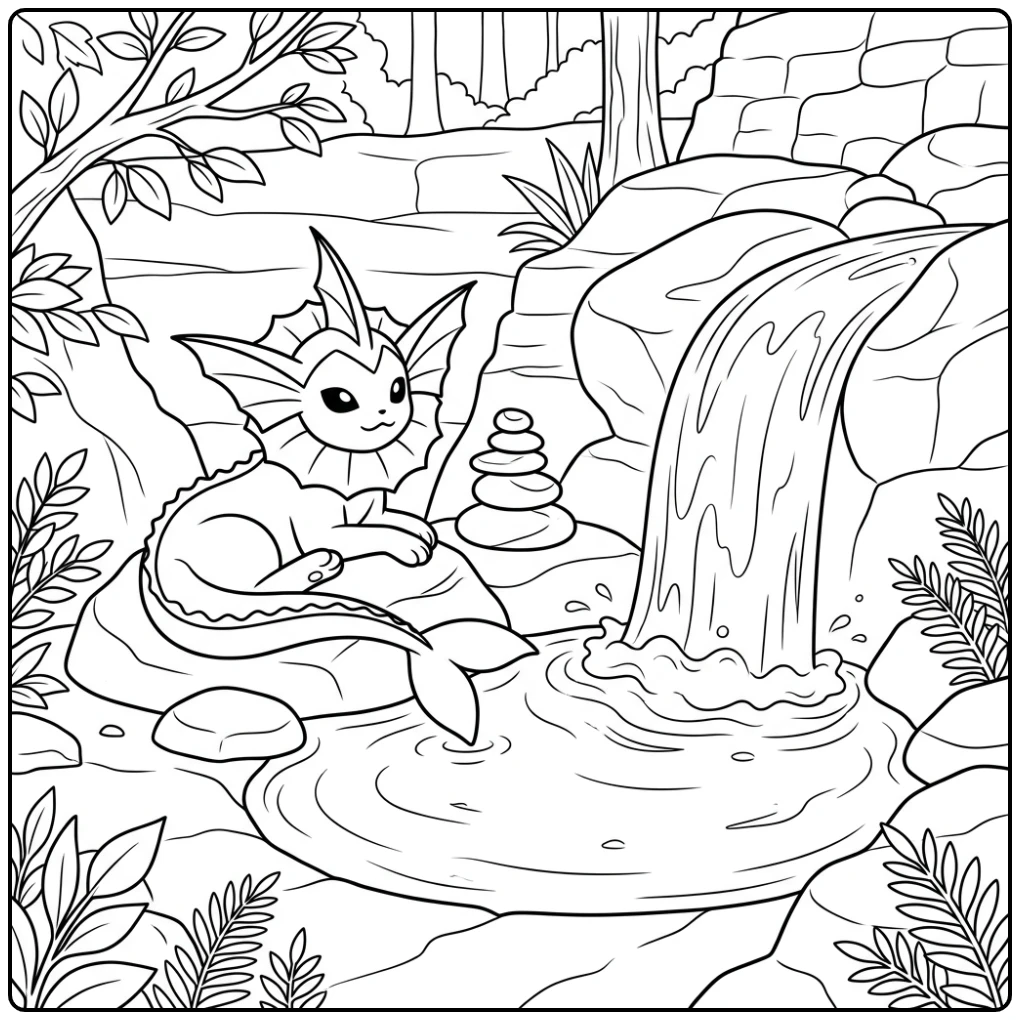 Vreedzame vaporeon kleurplaat bij waterval en gestapelde rotsen.