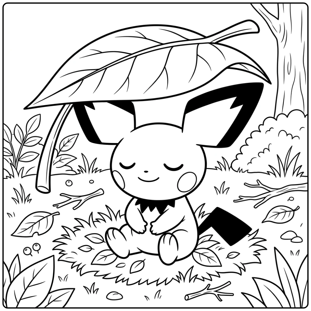 Schattige kleurplaat pichu rustend onder een groot blad.